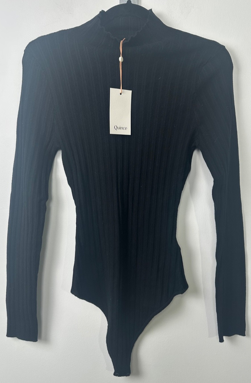 NEW Quince M Black Organic Cotton Long Slve Mock Neck Bodysuit Women Ribbed A14